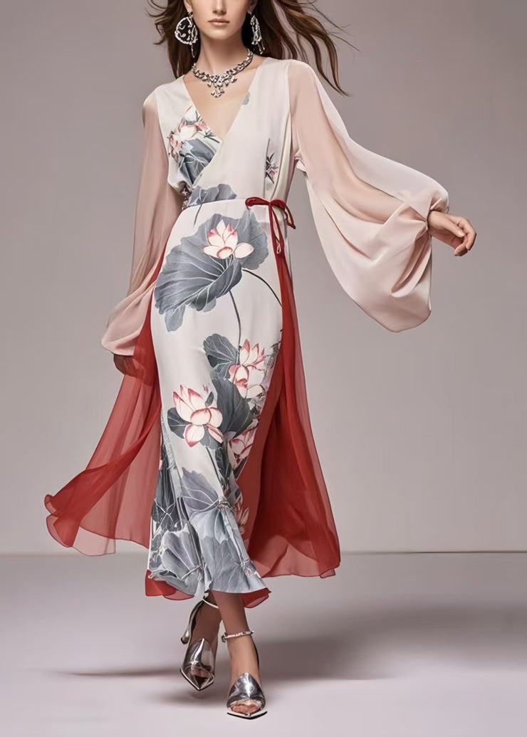 Original Design White Lotus Leaf Patchwork Chiffon Party Dress Lantern Sleeve