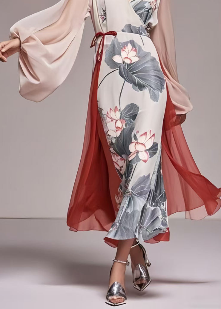 Original Design White Lotus Leaf Patchwork Chiffon Party Dress Lantern Sleeve