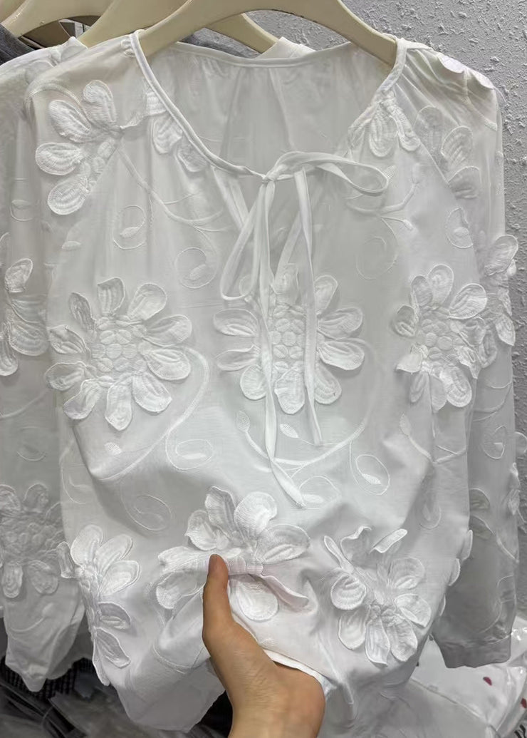 Original Design White O-Neck Floral Top Fall