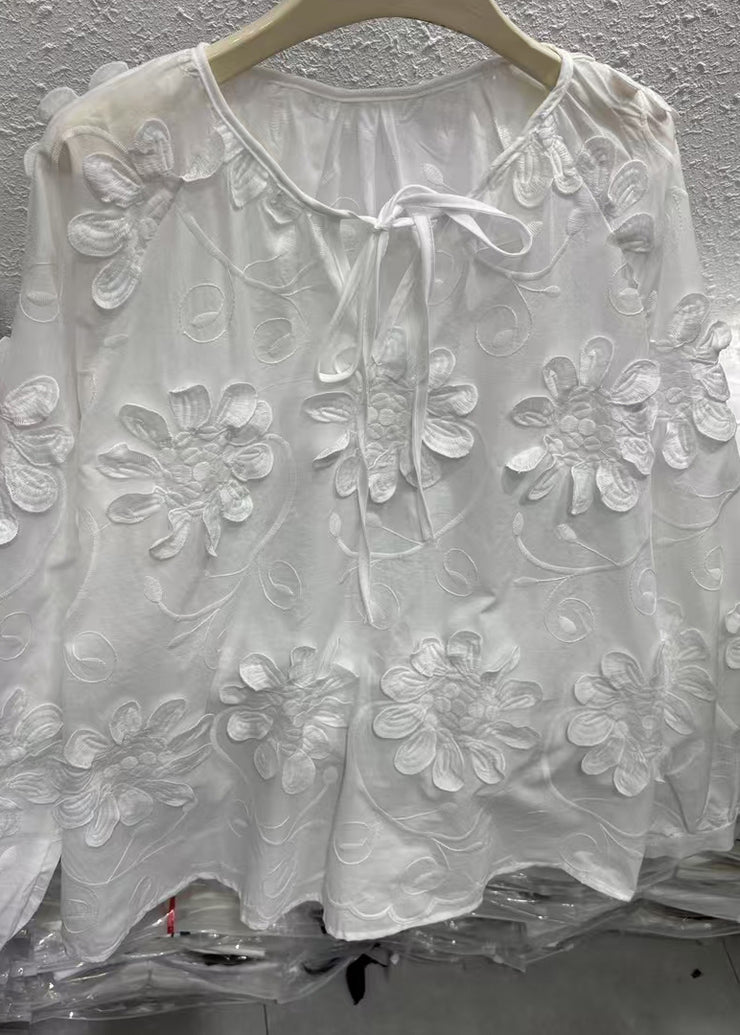 Original Design White O-Neck Floral Top Fall