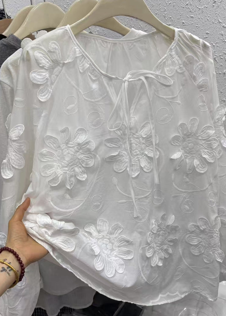 Original Design White O-Neck Floral Top Fall