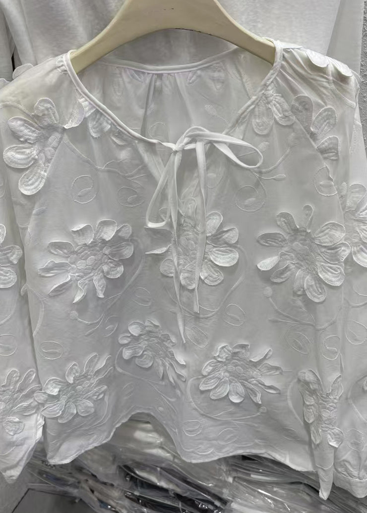 Original Design White O-Neck Floral Top Fall