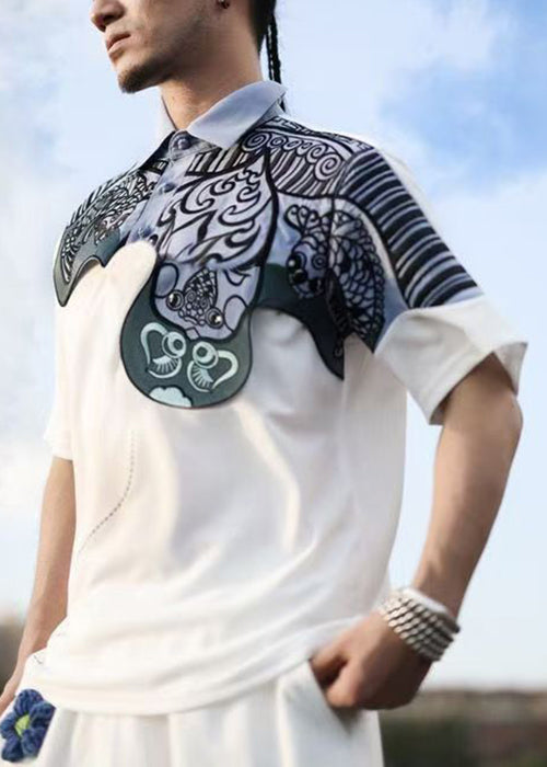 Original Design White Print Patchwork Cotton Mens Polo Shirts Summer