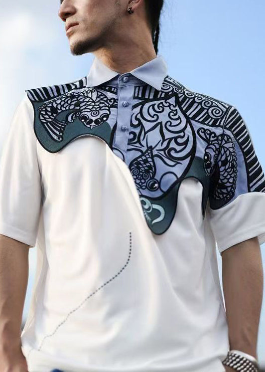 Original Design White Print Patchwork Cotton Mens Polo Shirts Summer