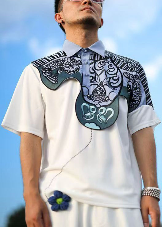 Original Design White Print Patchwork Cotton Mens Polo Shirts Summer