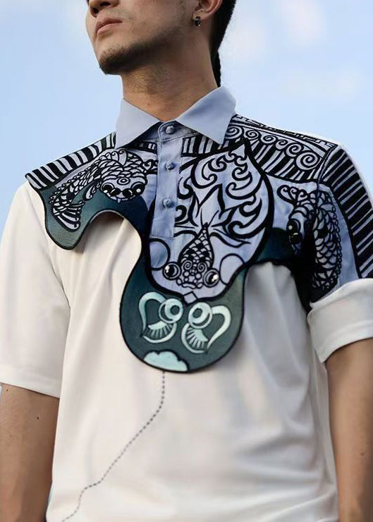 Original Design White Print Patchwork Cotton Mens Polo Shirts Summer