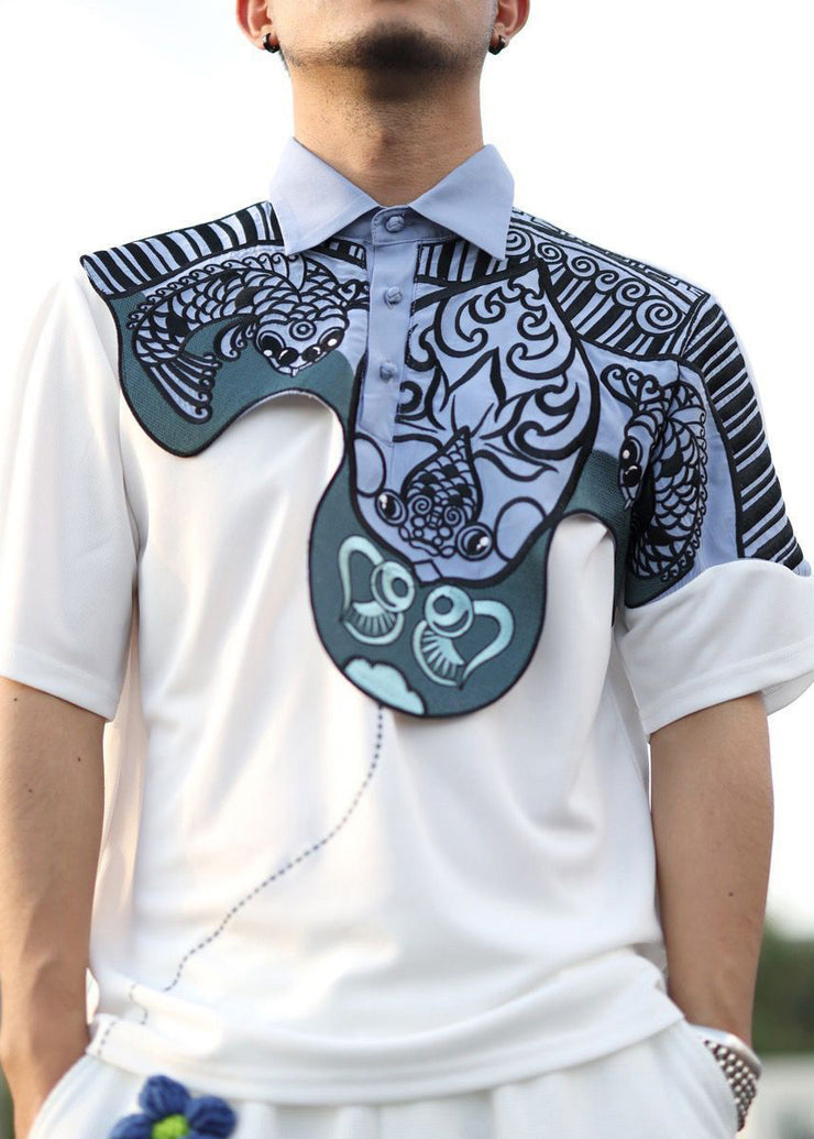 Original Design White Print Patchwork Cotton Mens Polo Shirts Summer