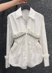 Original Design White Ruffled Nail Bead Cotton Blouses Fall