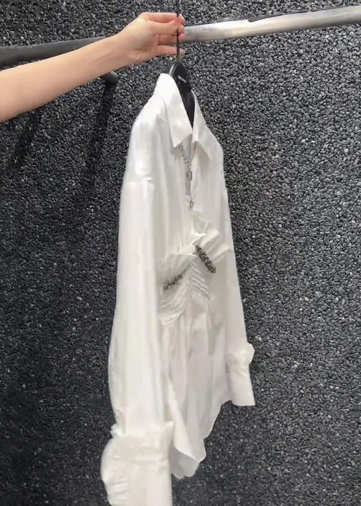 Original Design White Ruffled Nail Bead Cotton Blouses Fall
