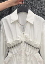 Original Design White Ruffled Nail Bead Cotton Blouses Fall