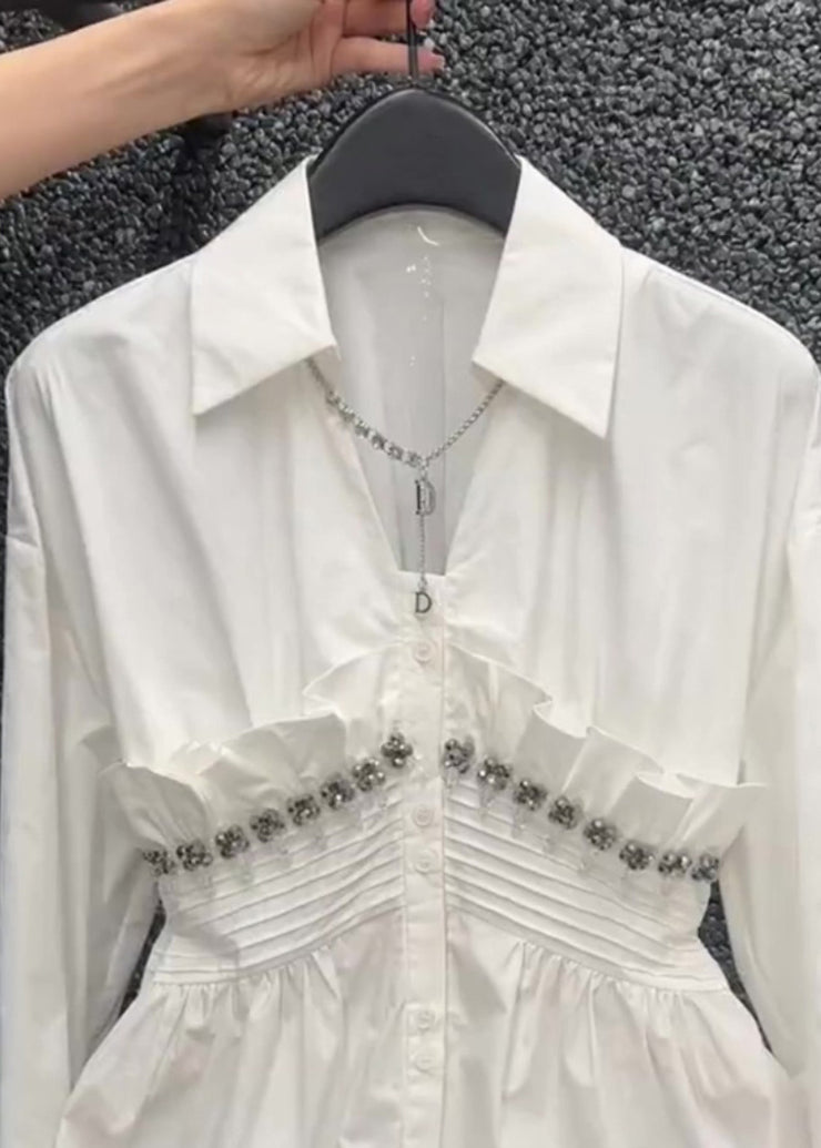 Original Design White Ruffled Nail Bead Cotton Blouses Fall