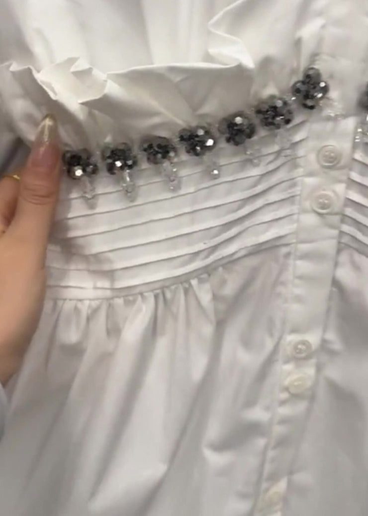 Original Design White Ruffled Nail Bead Cotton Blouses Fall