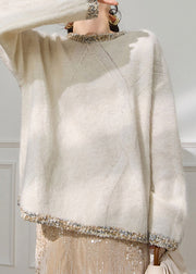 Original Design White Sequins Patchwork Cozy Cotton Knit Sweater Fall