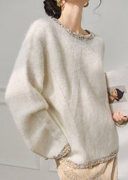 Original Design White Sequins Patchwork Cozy Cotton Knit Sweater Fall