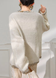 Original Design White Sequins Patchwork Cozy Cotton Knit Sweater Fall