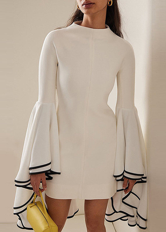 Original Design White Stand Collar Patchwork Vacation Mid Dresses Petal Sleeve