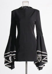 Original Design White Stand Collar Patchwork Vacation Mid Dresses Petal Sleeve