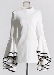 Original Design White Stand Collar Patchwork Vacation Mid Dresses Petal Sleeve
