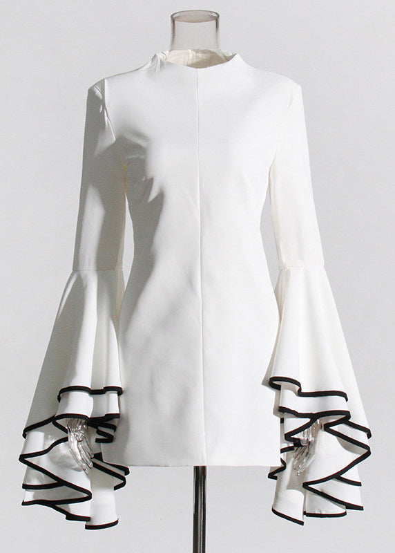Original Design White Stand Collar Patchwork Vacation Mid Dresses Petal Sleeve