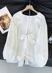 Original Design White V Neck Bow Hollow Out Cotton Shirts Fall