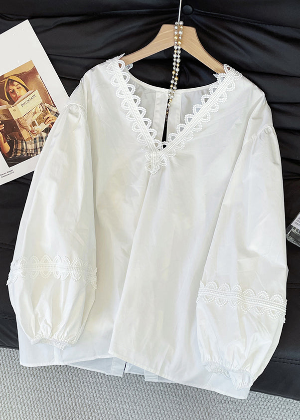 Original Design White V Neck Bow Hollow Out Cotton Shirts Fall