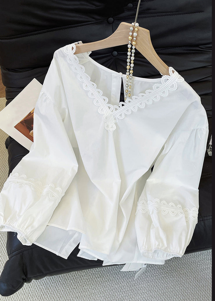 Original Design White V Neck Bow Hollow Out Cotton Shirts Fall