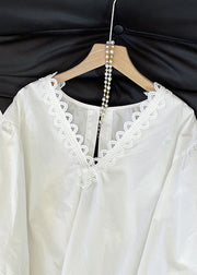 Original Design White V Neck Bow Hollow Out Cotton Shirts Fall