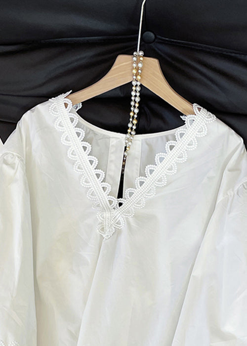 Original Design White V Neck Bow Hollow Out Cotton Shirts Fall