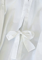 Original Design White V Neck Bow Hollow Out Cotton Shirts Fall