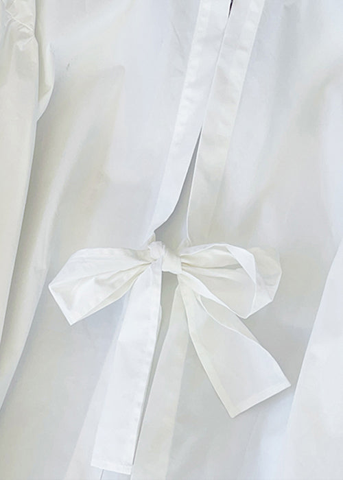 Original Design White V Neck Bow Hollow Out Cotton Shirts Fall