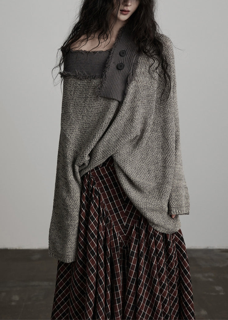 Original Design Winter Irregular Large Collar Light Grey Knitted Sweater