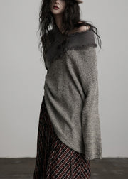 Original Design Winter Irregular Large Collar Light Grey Knitted Sweater