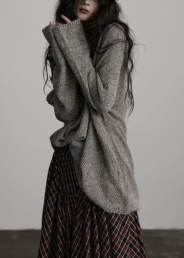 Original Design Winter Irregular Large Collar Light Grey Knitted Sweater