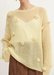 Original Design Yellow O Neck Floral Cozy Knit Shirts Fall