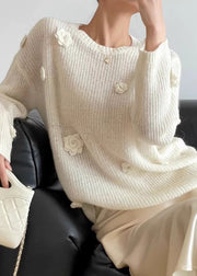 Original Design Yellow O Neck Floral Cozy Knit Shirts Fall