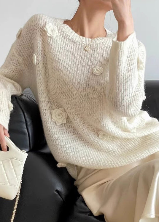 Original Design Yellow O Neck Floral Cozy Knit Shirts Fall