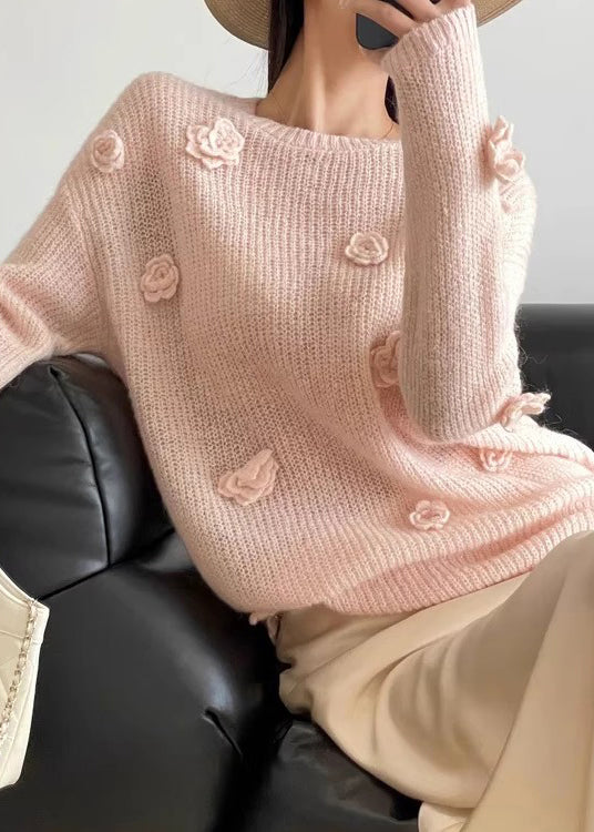 Original Design Yellow O Neck Floral Cozy Knit Shirts Fall