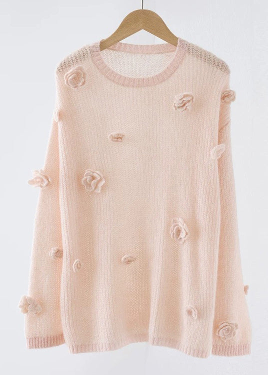 Original Design Yellow O Neck Floral Cozy Knit Shirts Fall