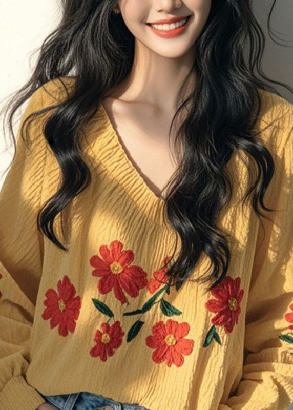 Original Design Yellow Print Tops Lantern Sleeve