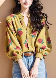 Original Design Yellow Rose Print Button Top Fall