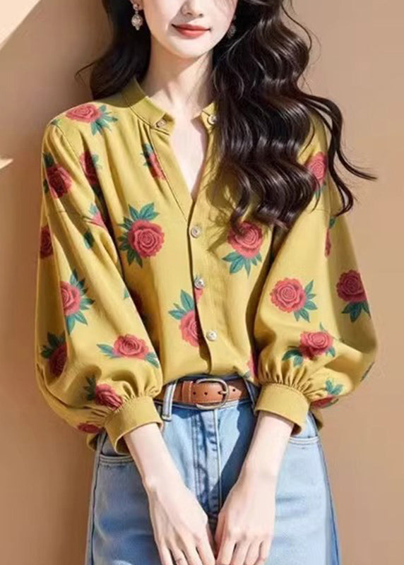 Original Design Yellow Rose Print Button Top Fall