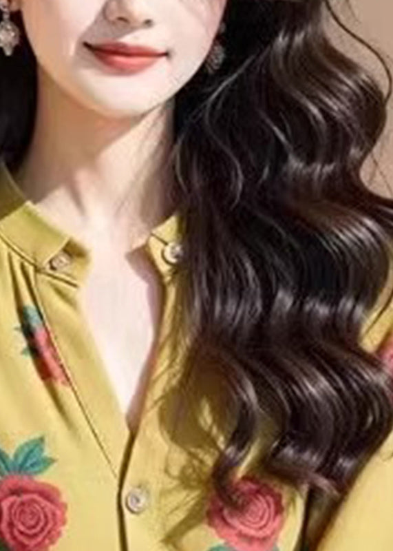 Original Design Yellow Rose Print Button Top Fall