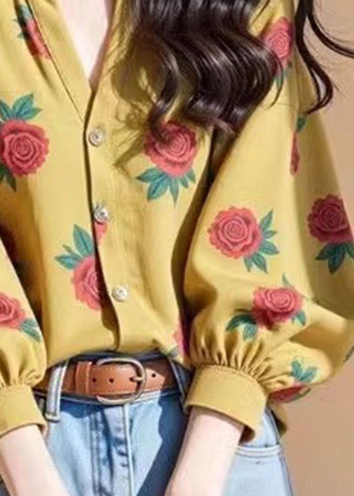 Original Design Yellow Rose Print Button Top Fall