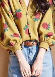 Original Design Yellow Rose Print Button Top Fall