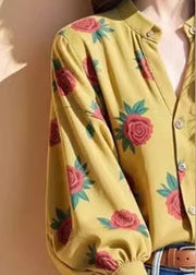 Original Design Yellow Rose Print Button Top Fall