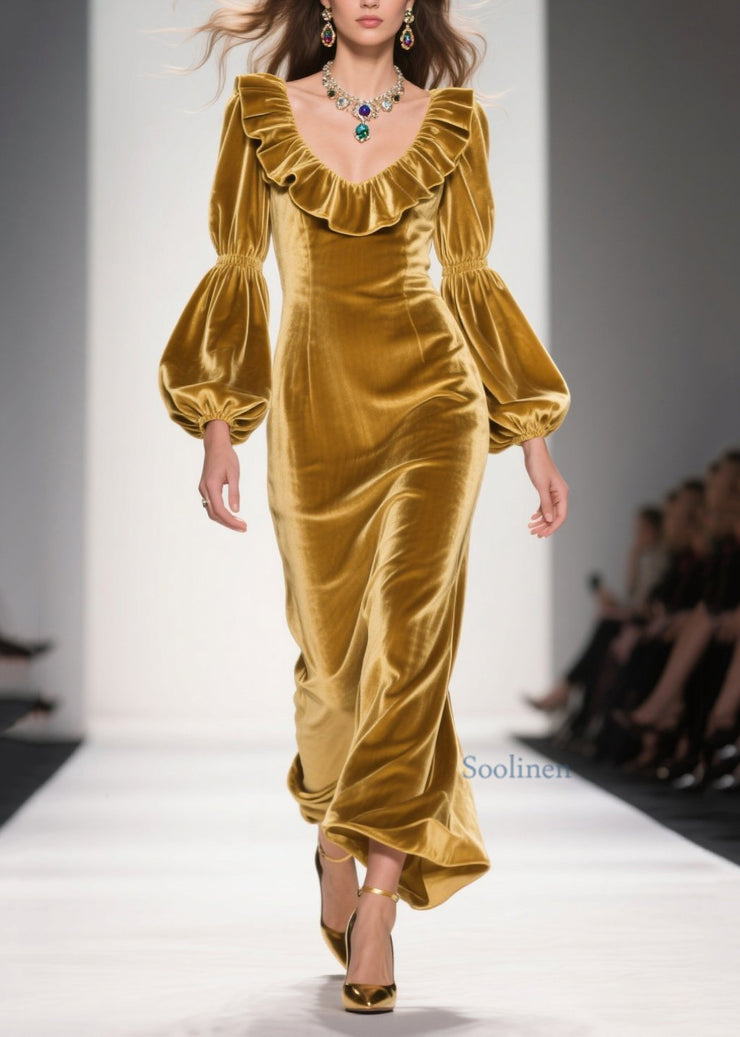 Original Design Yellow Ruffled Patchwork Velvet Long Dress Fall
