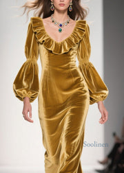 Original Design Yellow Ruffled Patchwork Velvet Long Dress Fall