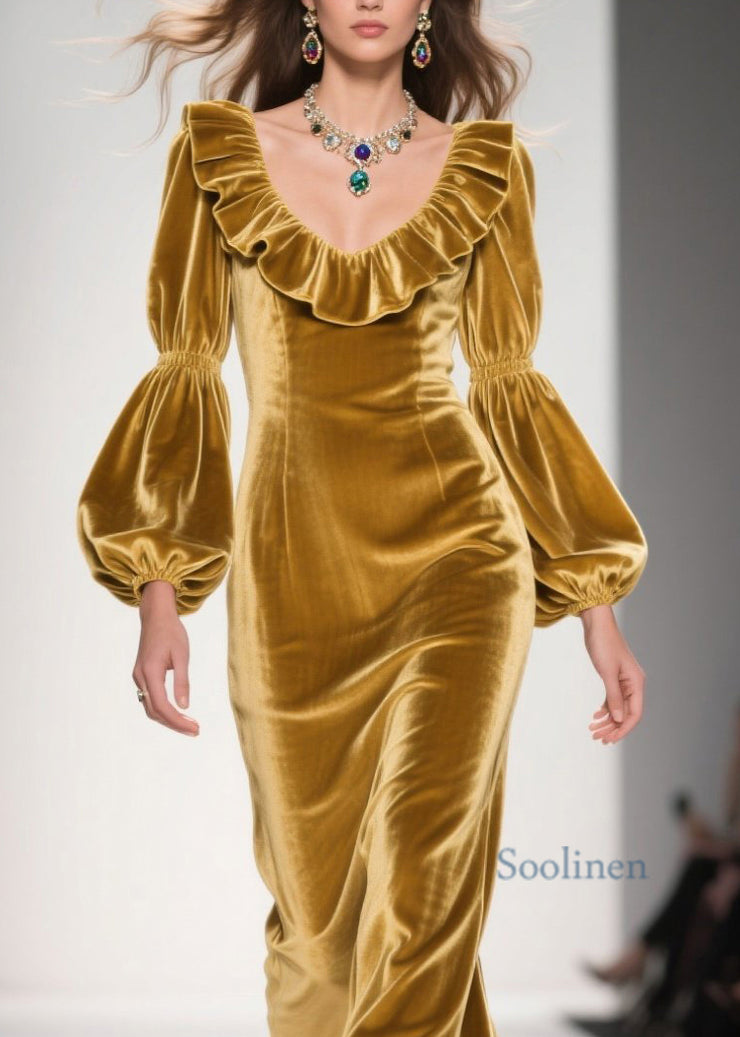Original Design Yellow Ruffled Patchwork Velvet Long Dress Fall