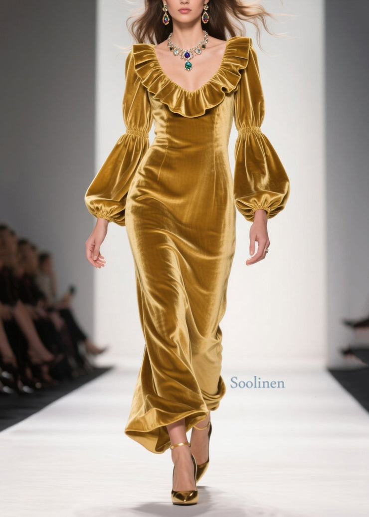Original Design Yellow Ruffled Patchwork Velvet Long Dress Fall