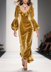 Original Design Yellow Ruffled Patchwork Velvet Long Dress Fall